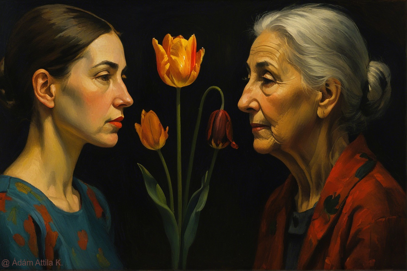 Portrait of Two Women with Tulips on Dark Background