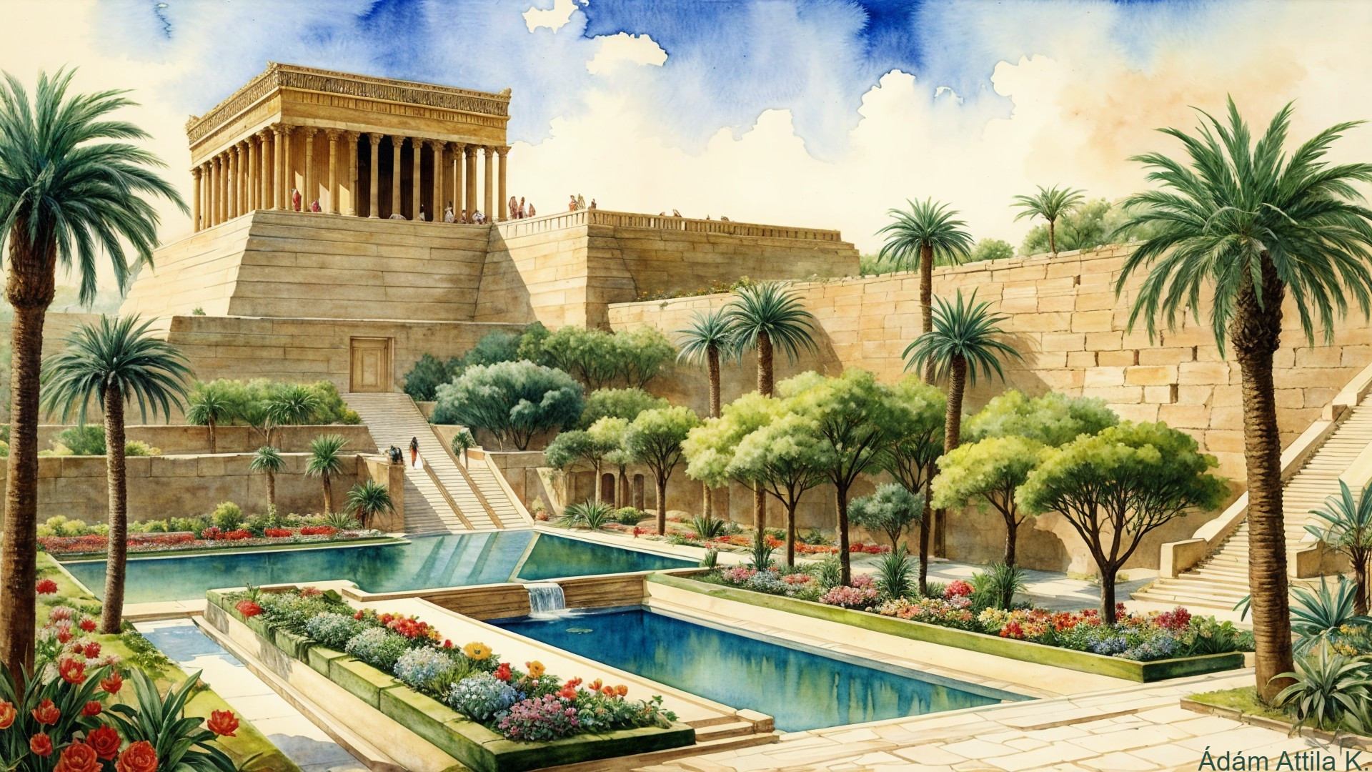 Ancient Temple Surrounded by Gardens and Palm Trees