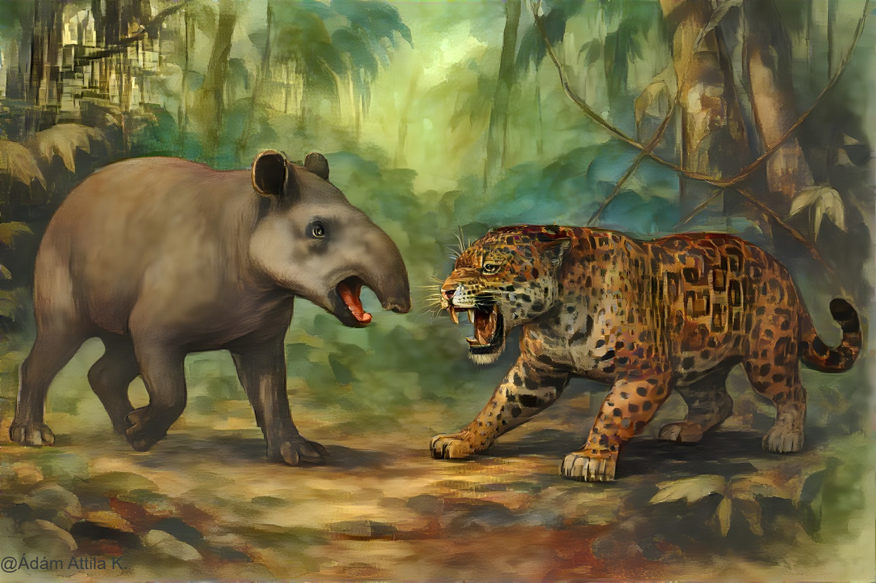 Jaguar Confronts Tapir in Vibrant Jungle Scene