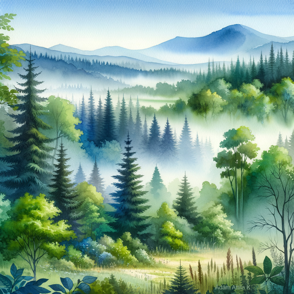 Misty Mountains and Lush Green Forest Landscape