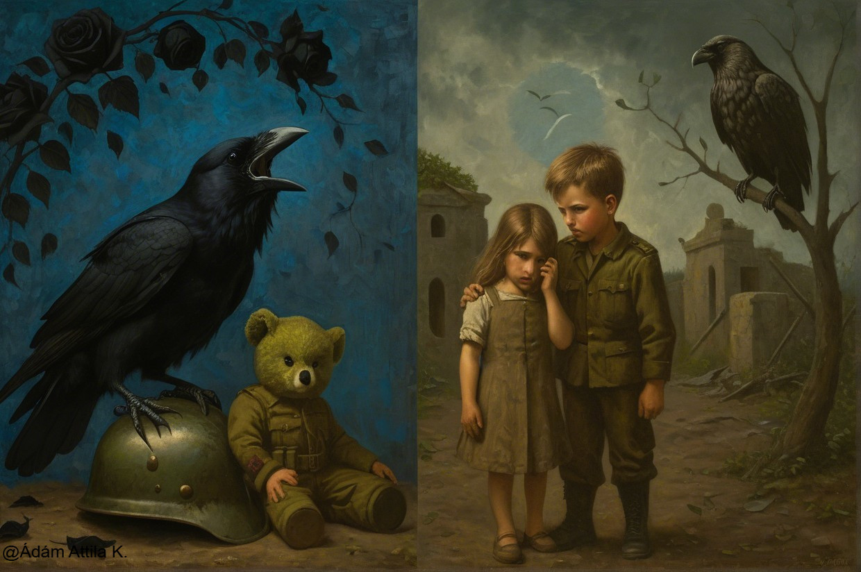 Split Scene with Raven, Children, and Ruined Buildings