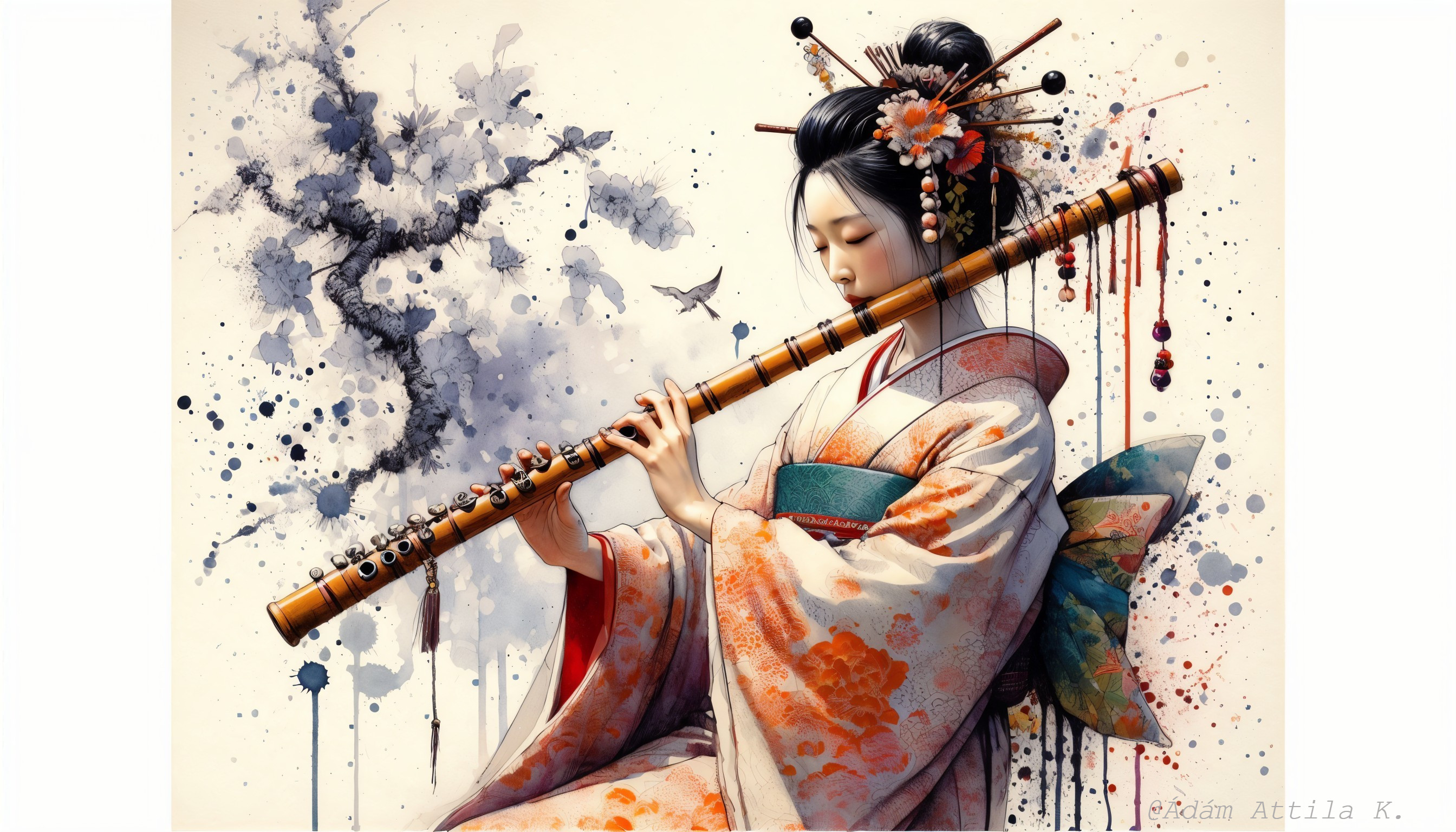 Woman in Kimono Playing Bamboo Flute Amid Blossoms