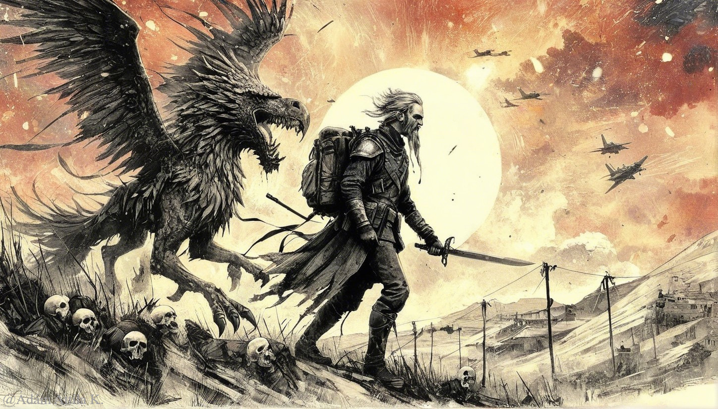 Lone Warrior and Griffon in Fiery War-Torn Landscape