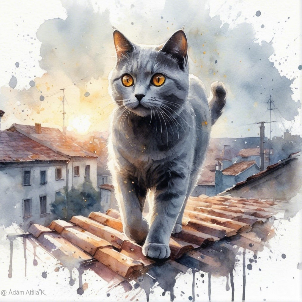 Watercolor Painting of Gray Cat on Rooftop at Sunset