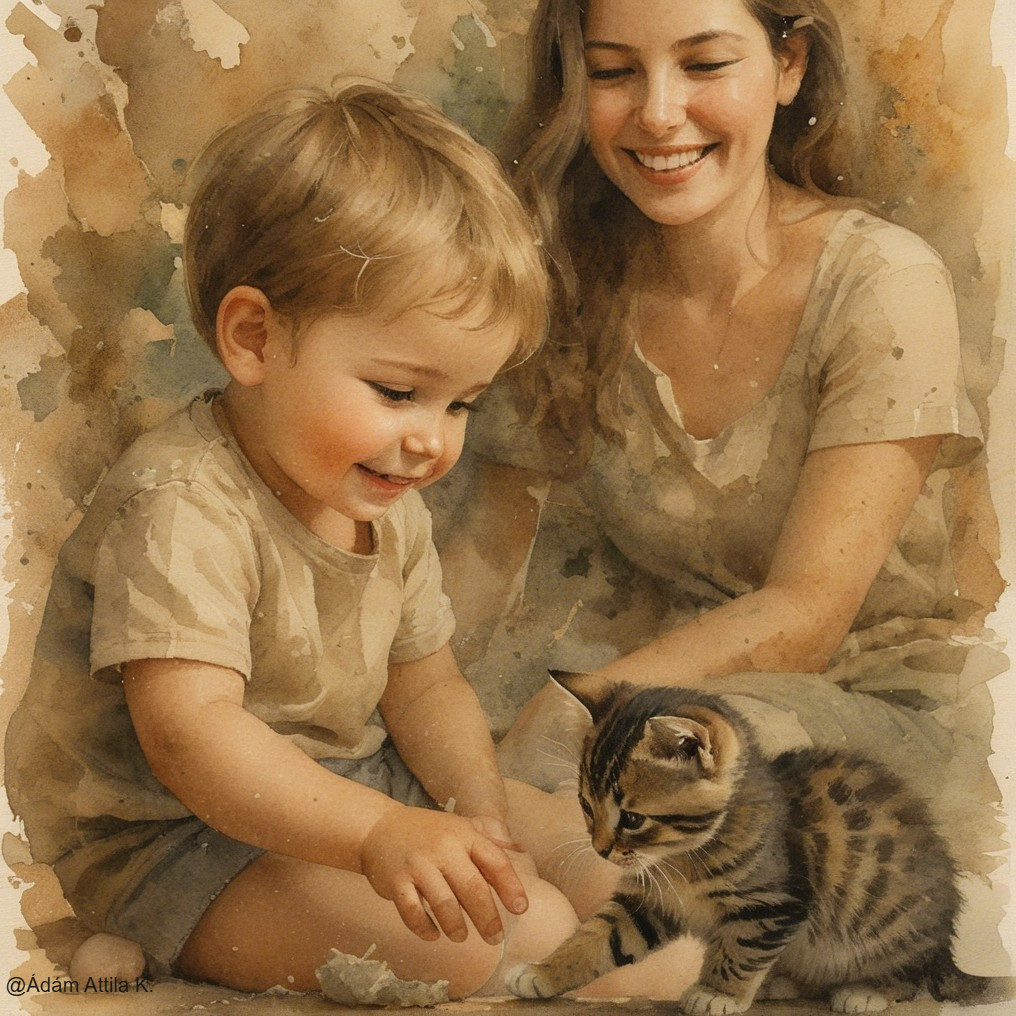 Child and Woman Play with Striped Kitten in Cozy Scene