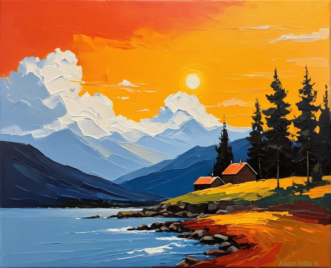 Vibrant Landscape with Lake, Mountains, and Cabins