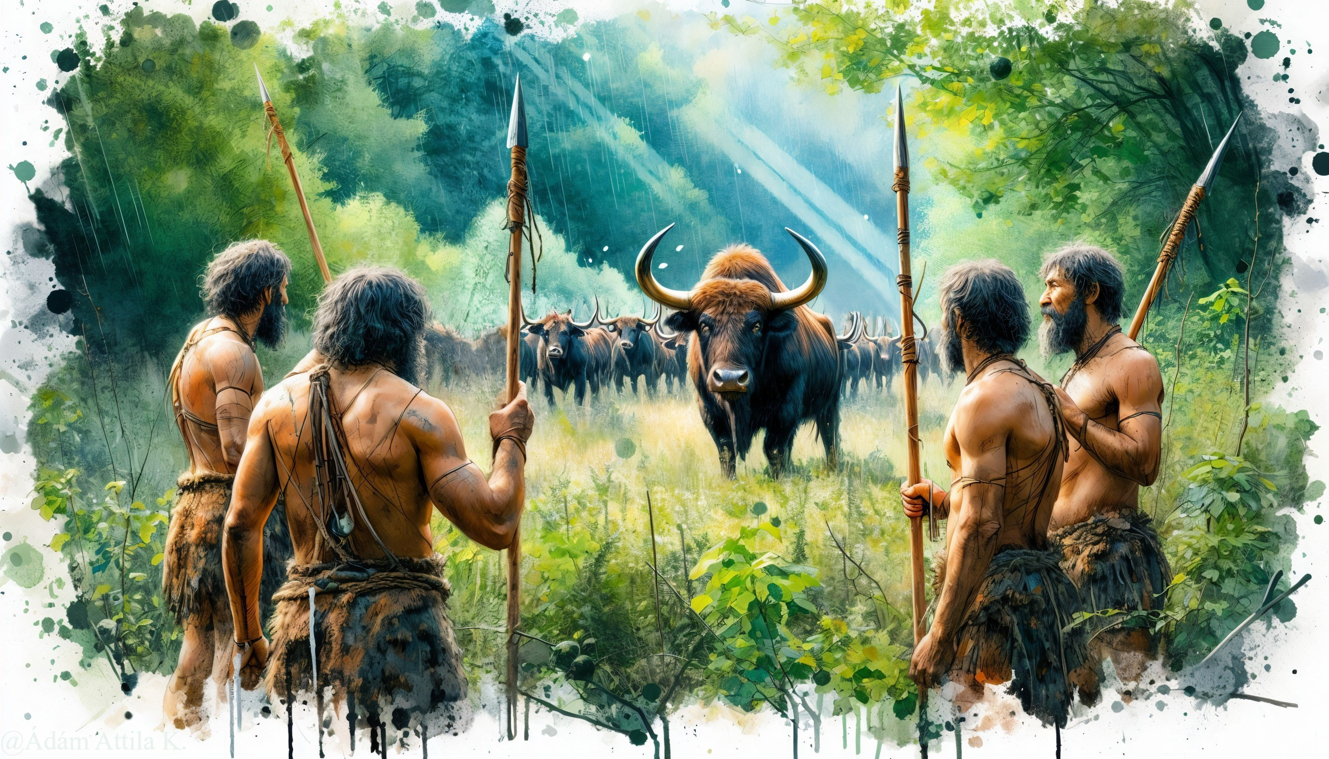 Early Humans Hunting Bison in Prehistoric Forest