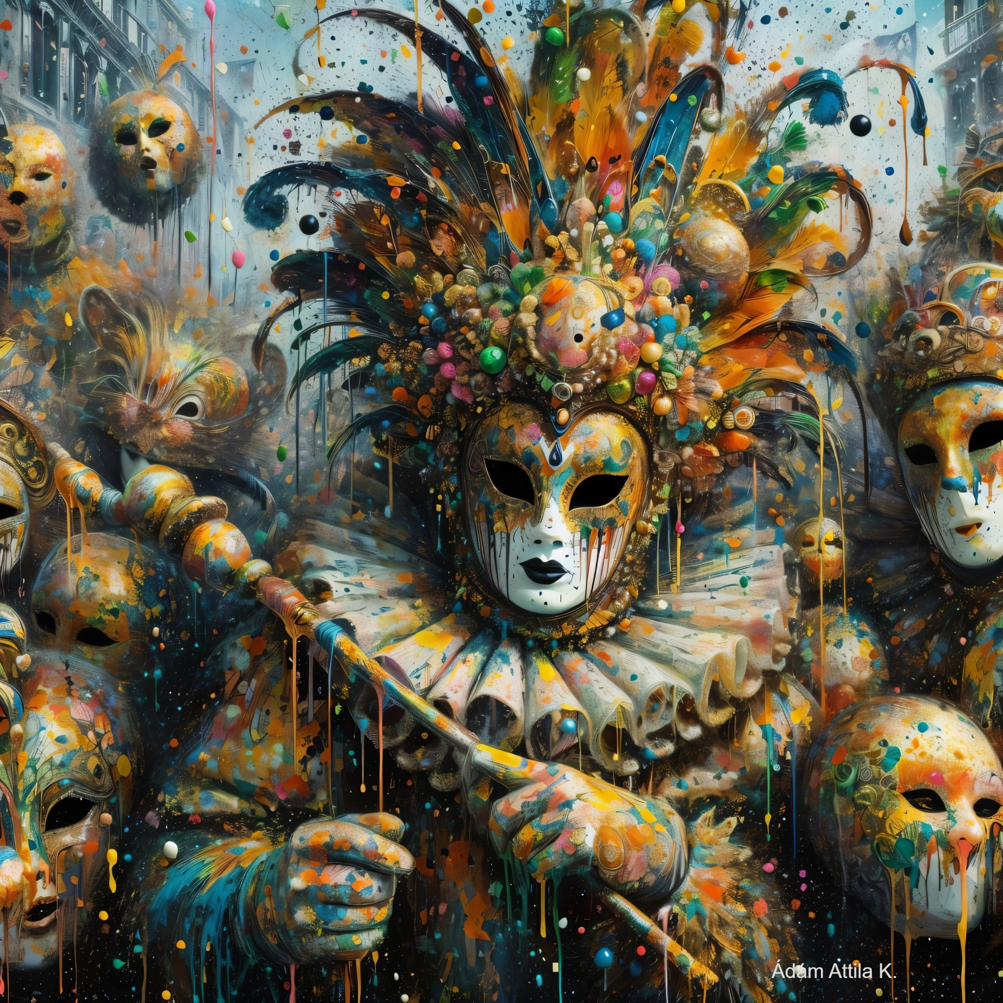 Vibrant Carnival Scene with Elaborate Costumes and Masks