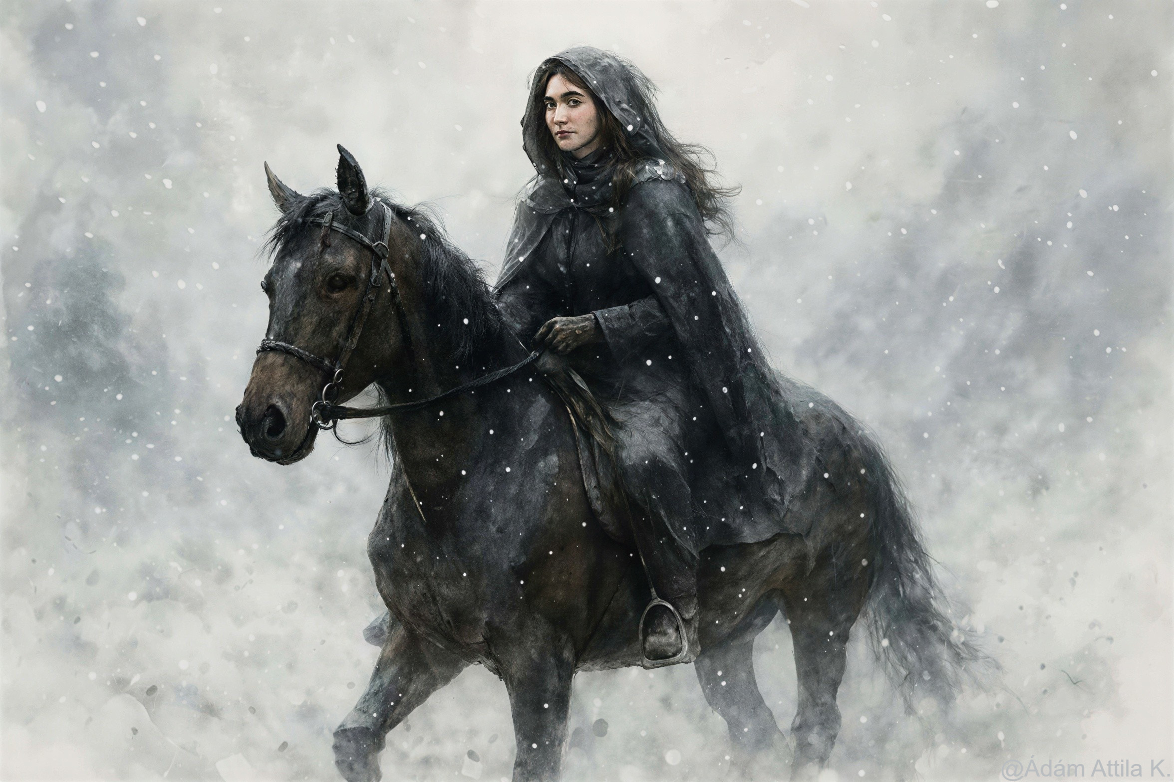 Watercolor of a woman in cloak on horse in snow