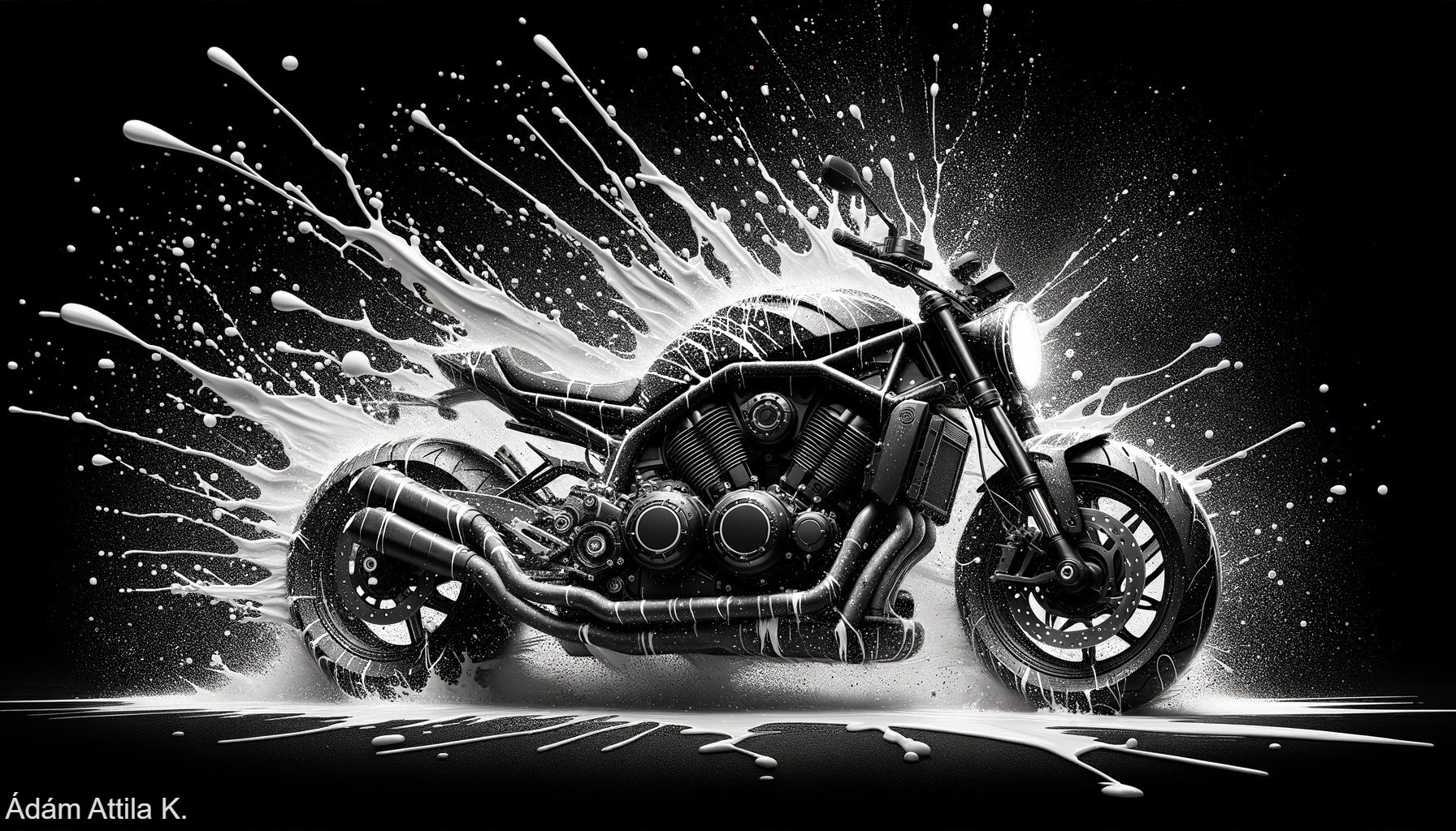 Black Motorcycle Surrounded by White Splash Effects