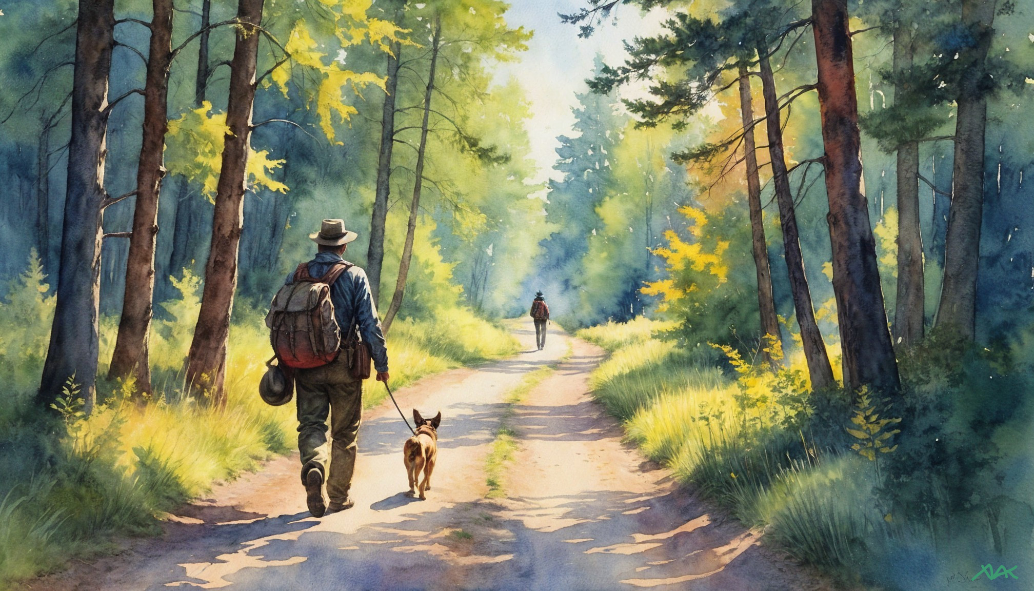 Winding Forest Path with Hiker and Dog in Sunlight