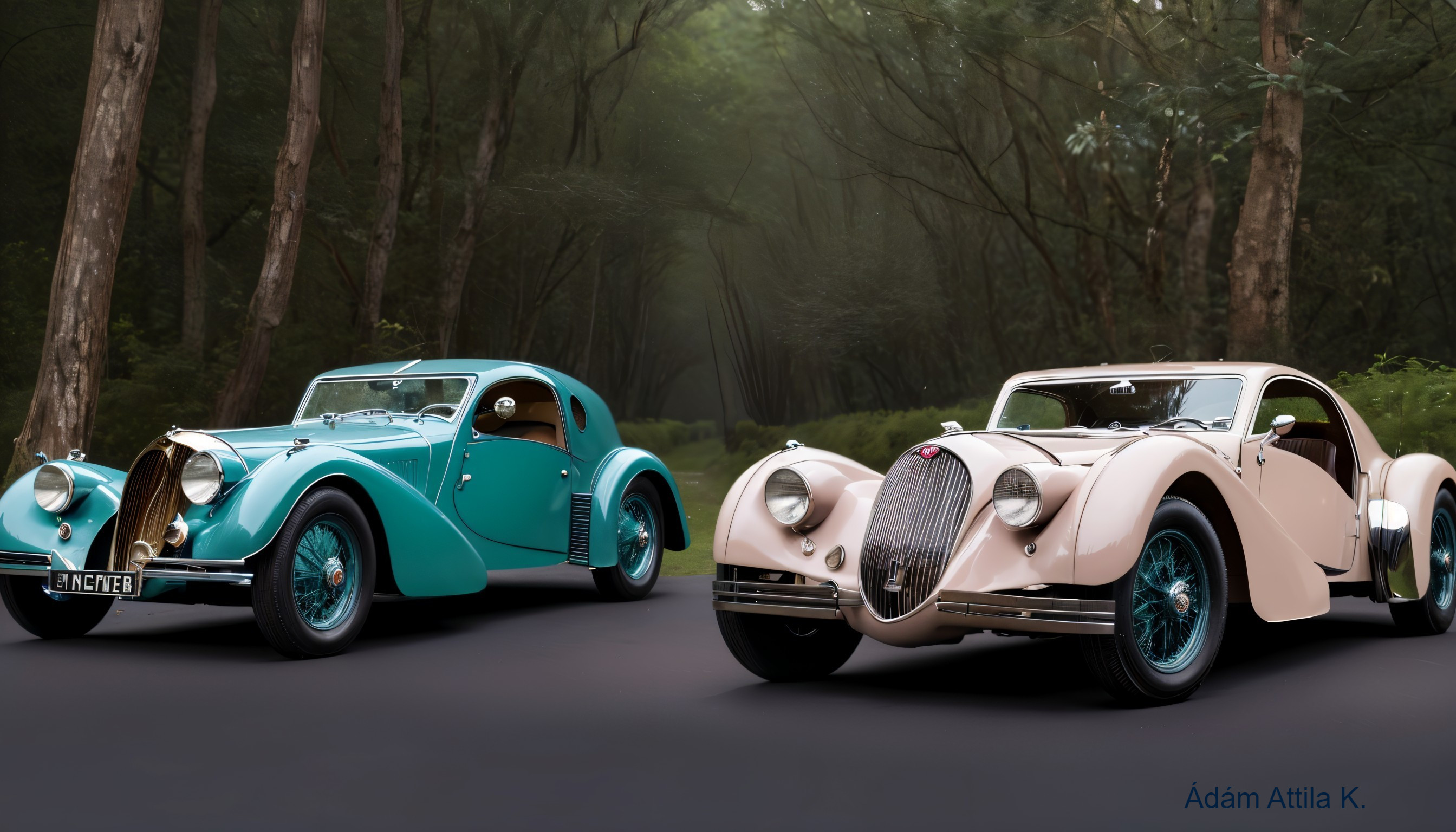 Vintage Cars on Scenic Forest Road with Lush Trees