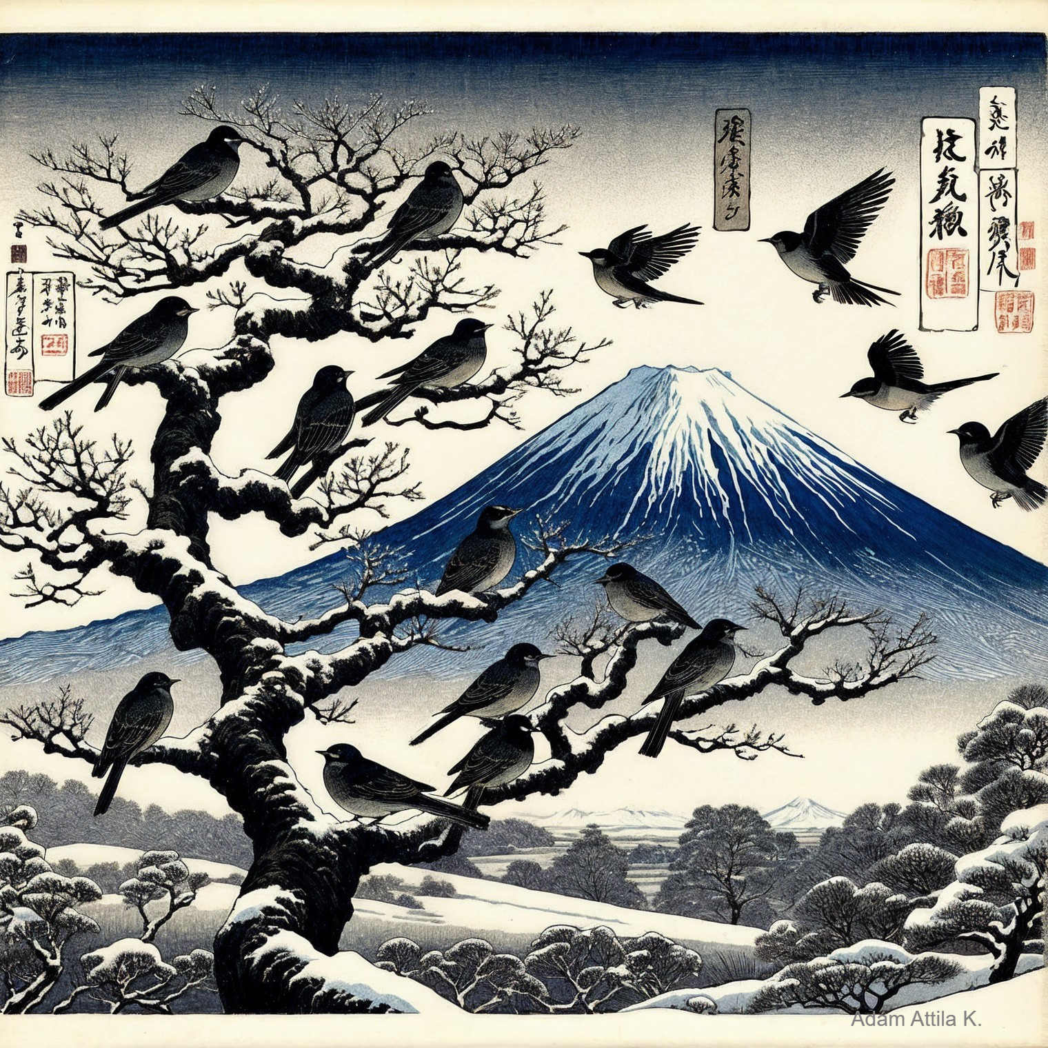 Traditional Japanese Woodblock Print of Mount Fuji