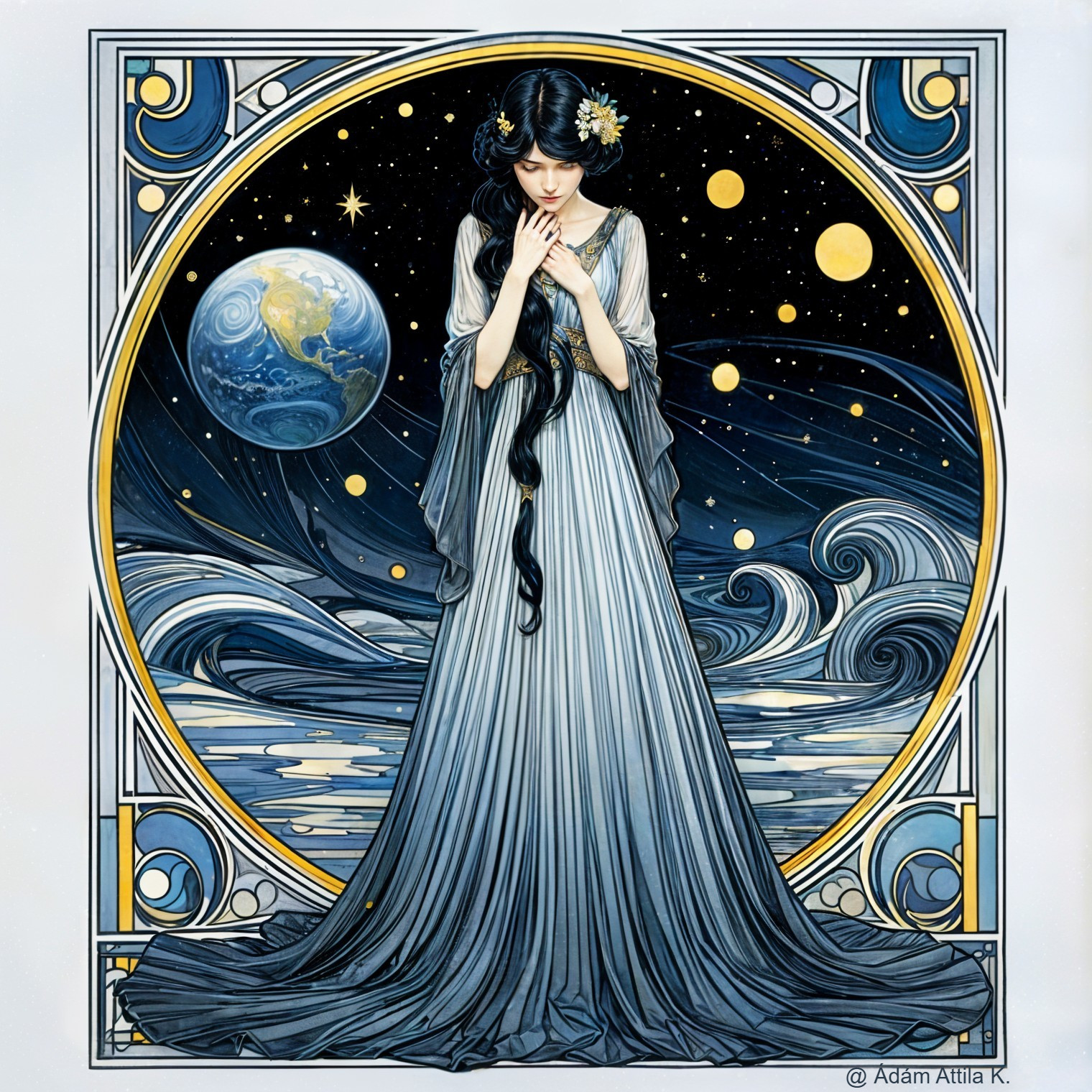 Serene Woman in Ethereal Gown Amidst Cosmic Elements