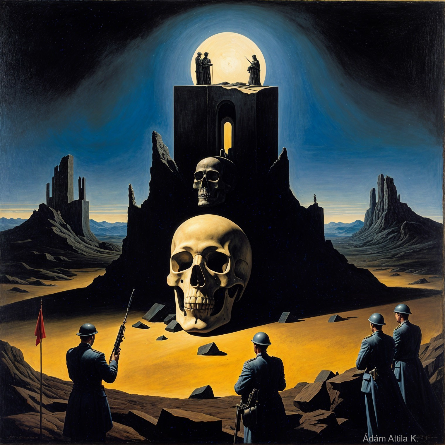 Surreal Landscape with Skull and Soldiers in Foreground