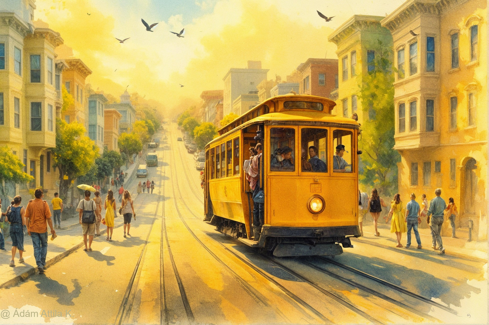 Vibrant City Scene with Yellow Streetcar and Buildings