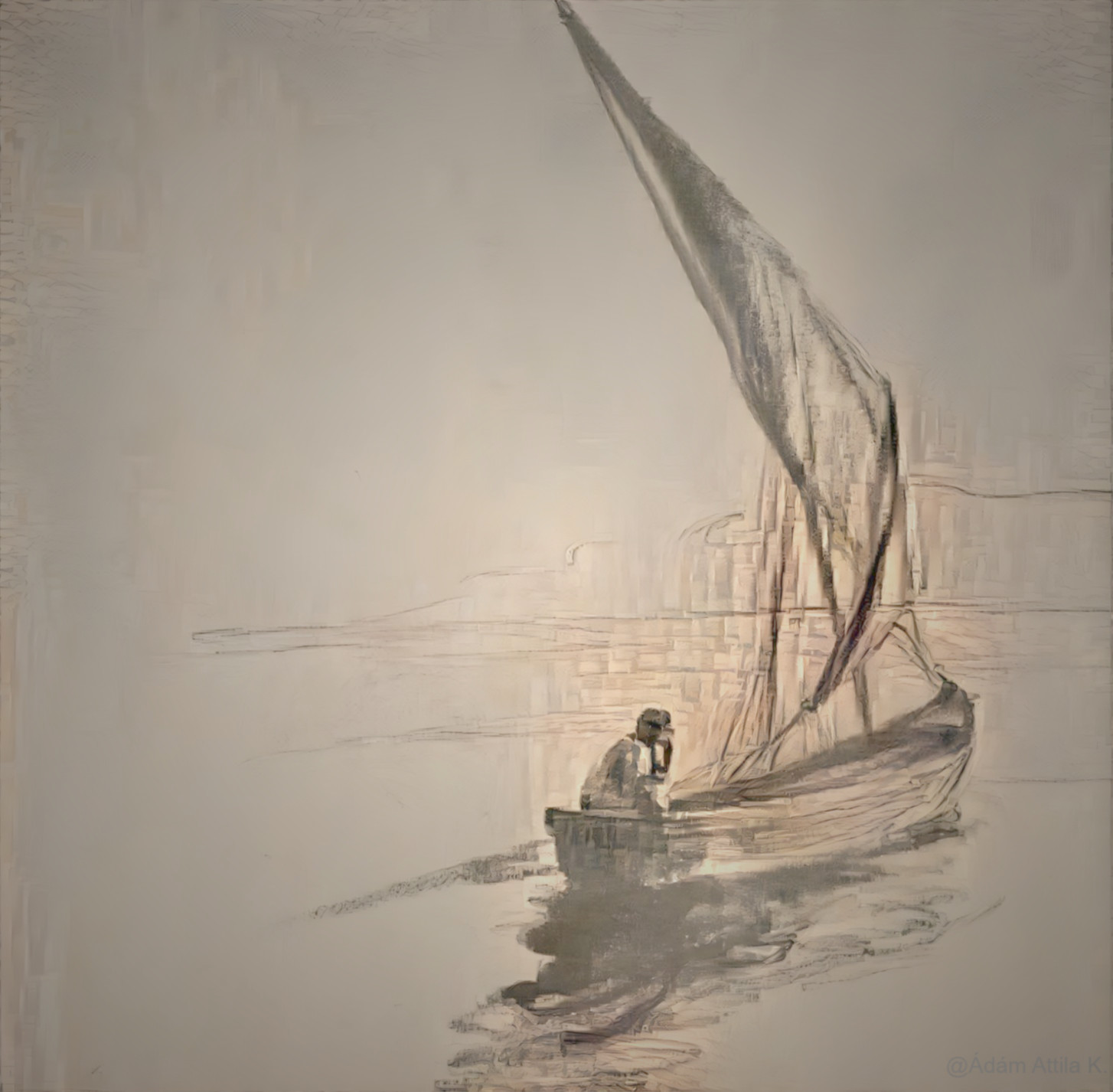 Lone Figure in Boat on Serene Water Landscape