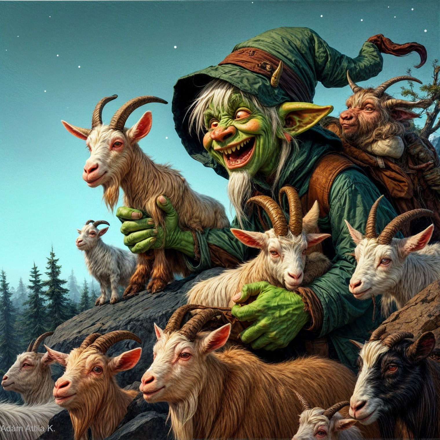 Whimsical Goblin and Playful Goats in Vibrant Forest