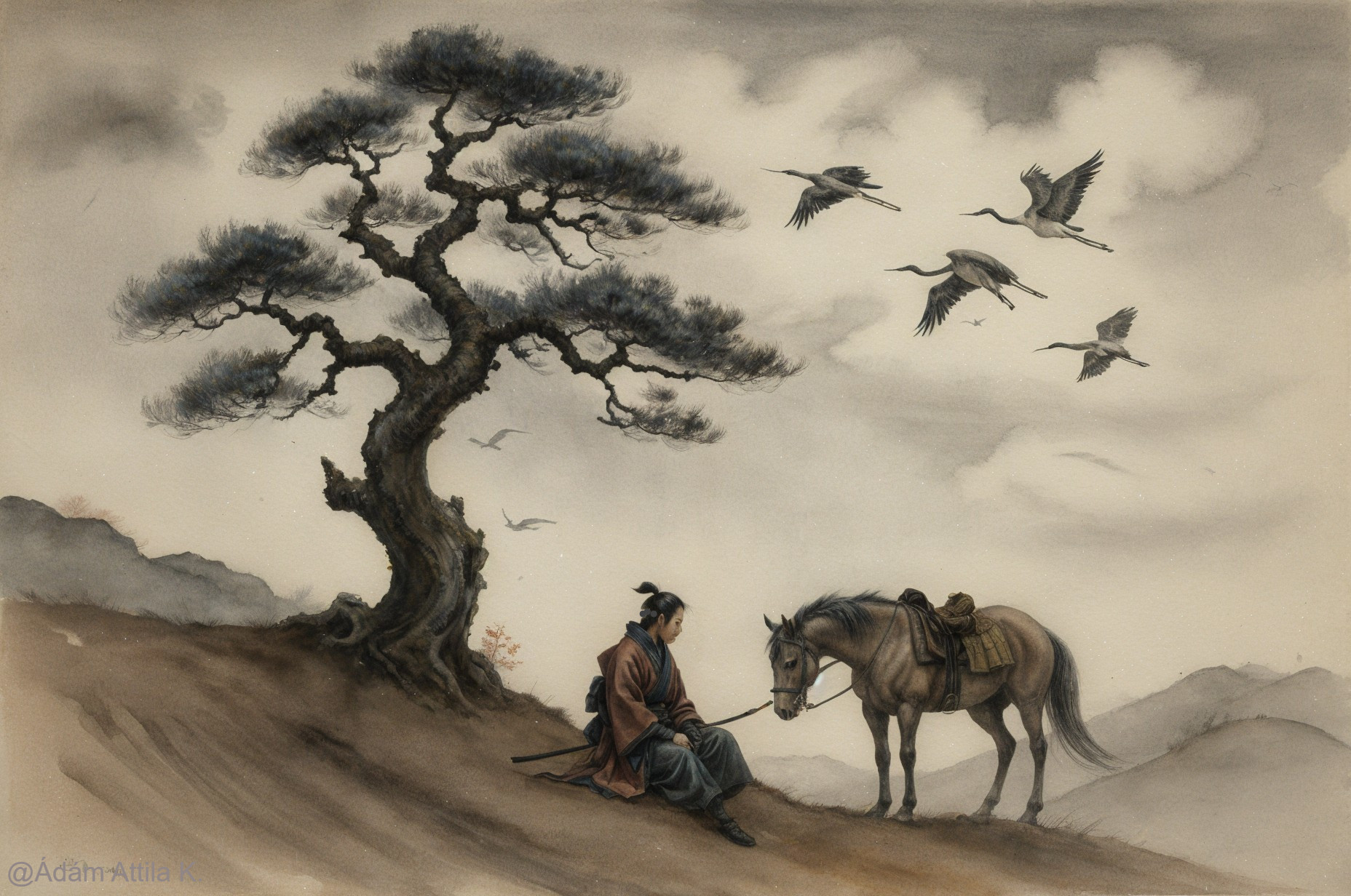 Watercolor Painting of a Figure with a Horse in Nature