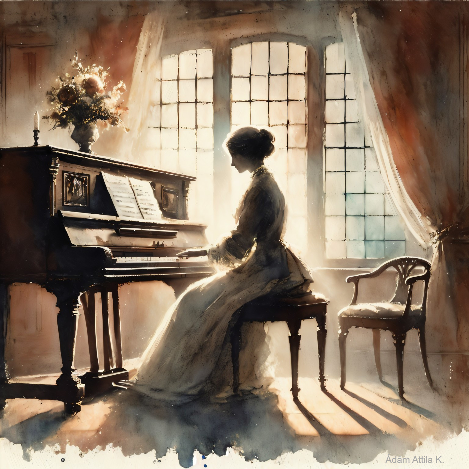 Watercolor of a woman at a grand piano in soft light