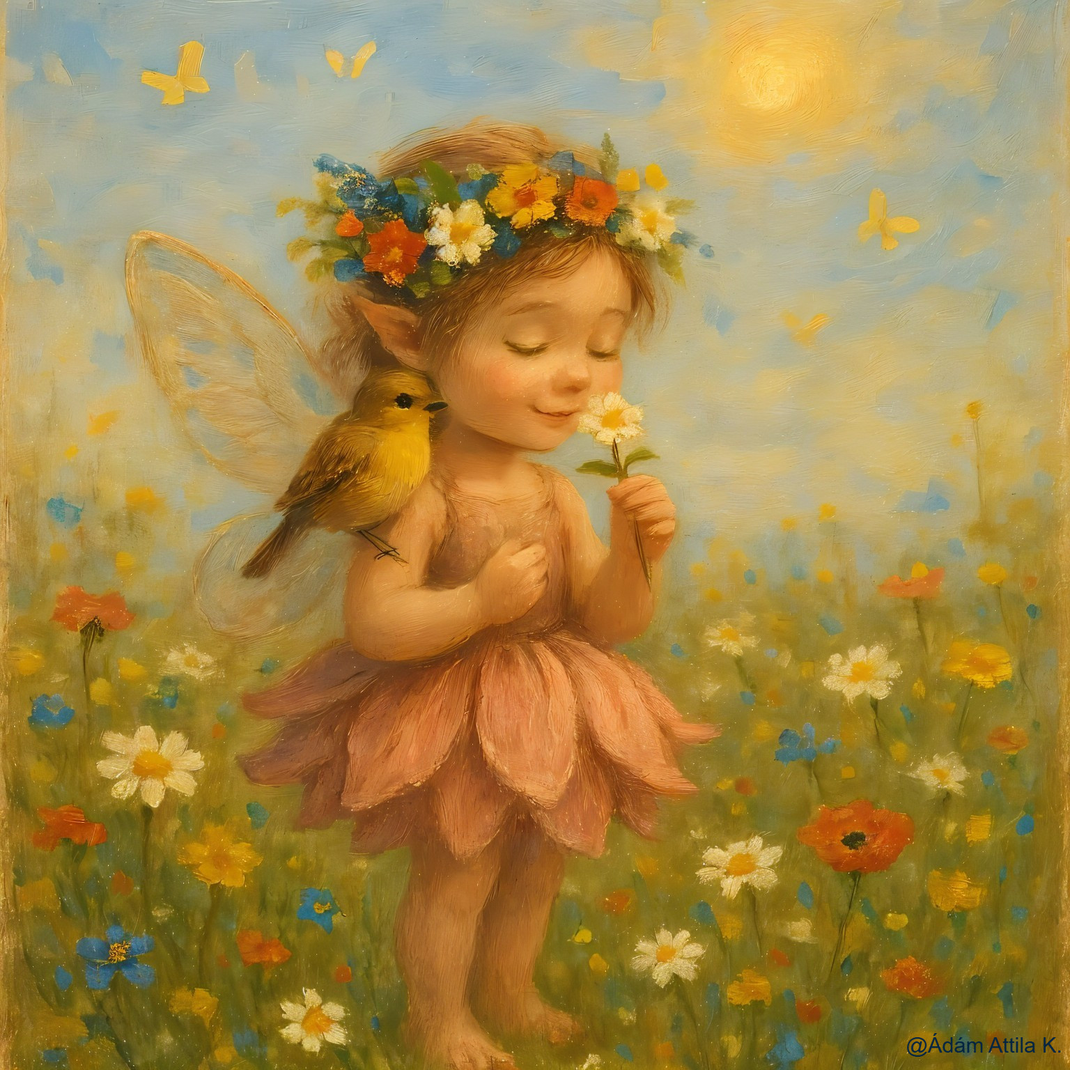 Joyful Fairy in Colorful Meadow with Wildflowers