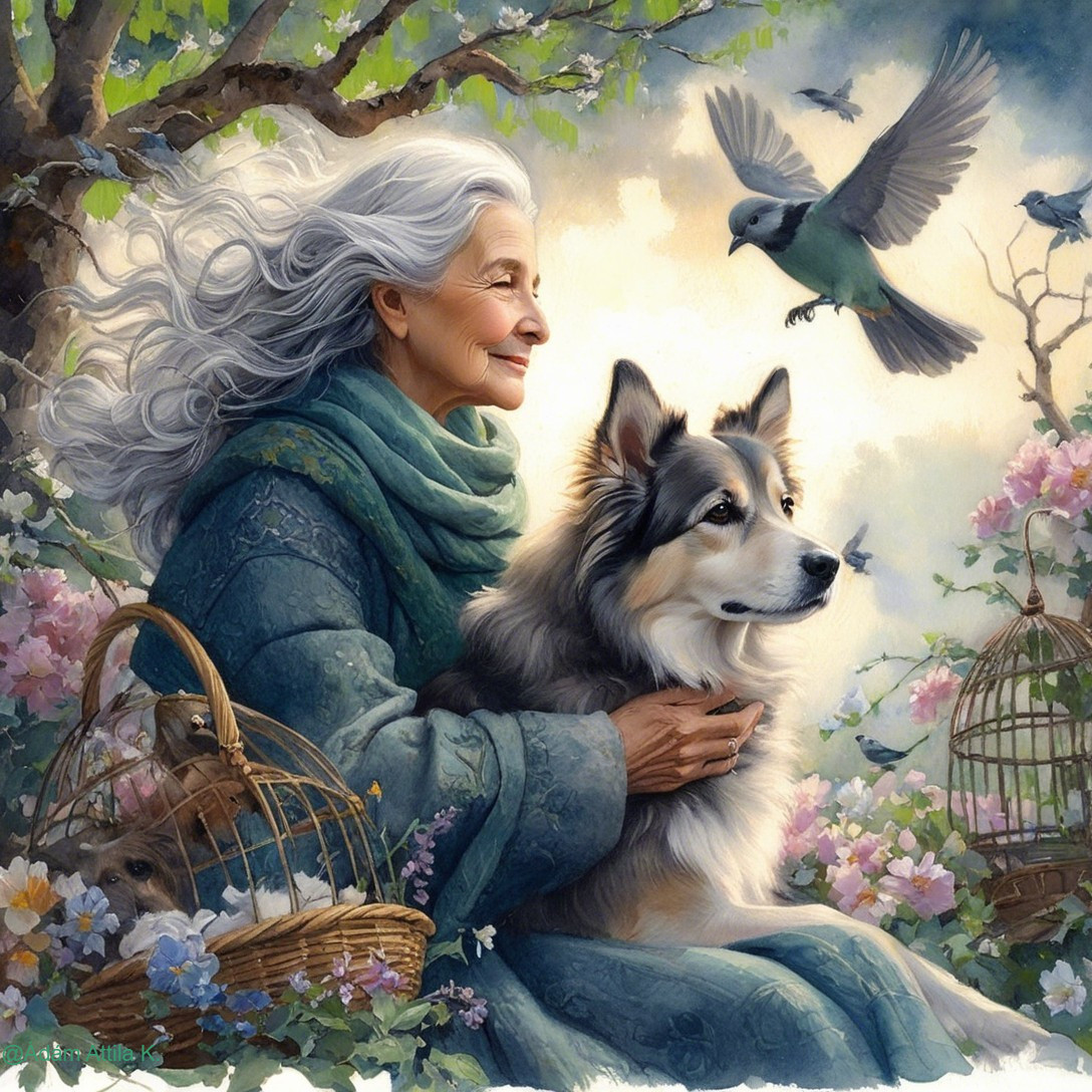 Elderly Woman and Dog in a Serene Garden Scene