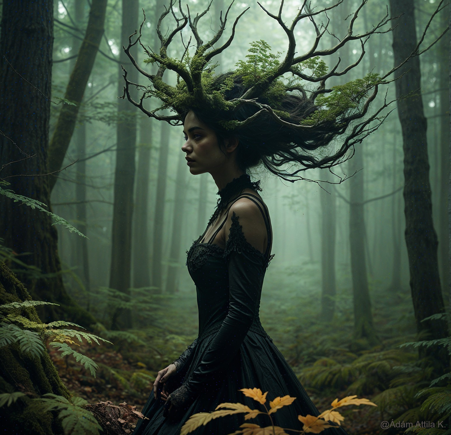 Mystical Forest Scene with Woman in Dark Gown
