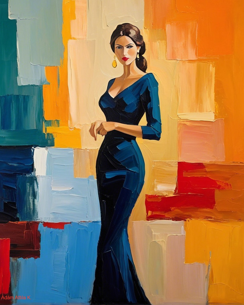 Elegant Woman in Dark Blue Gown with Abstract Background