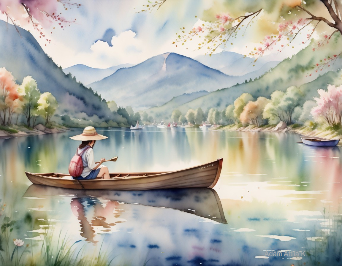 Watercolor Scene of a Person in a Boat on a Lake