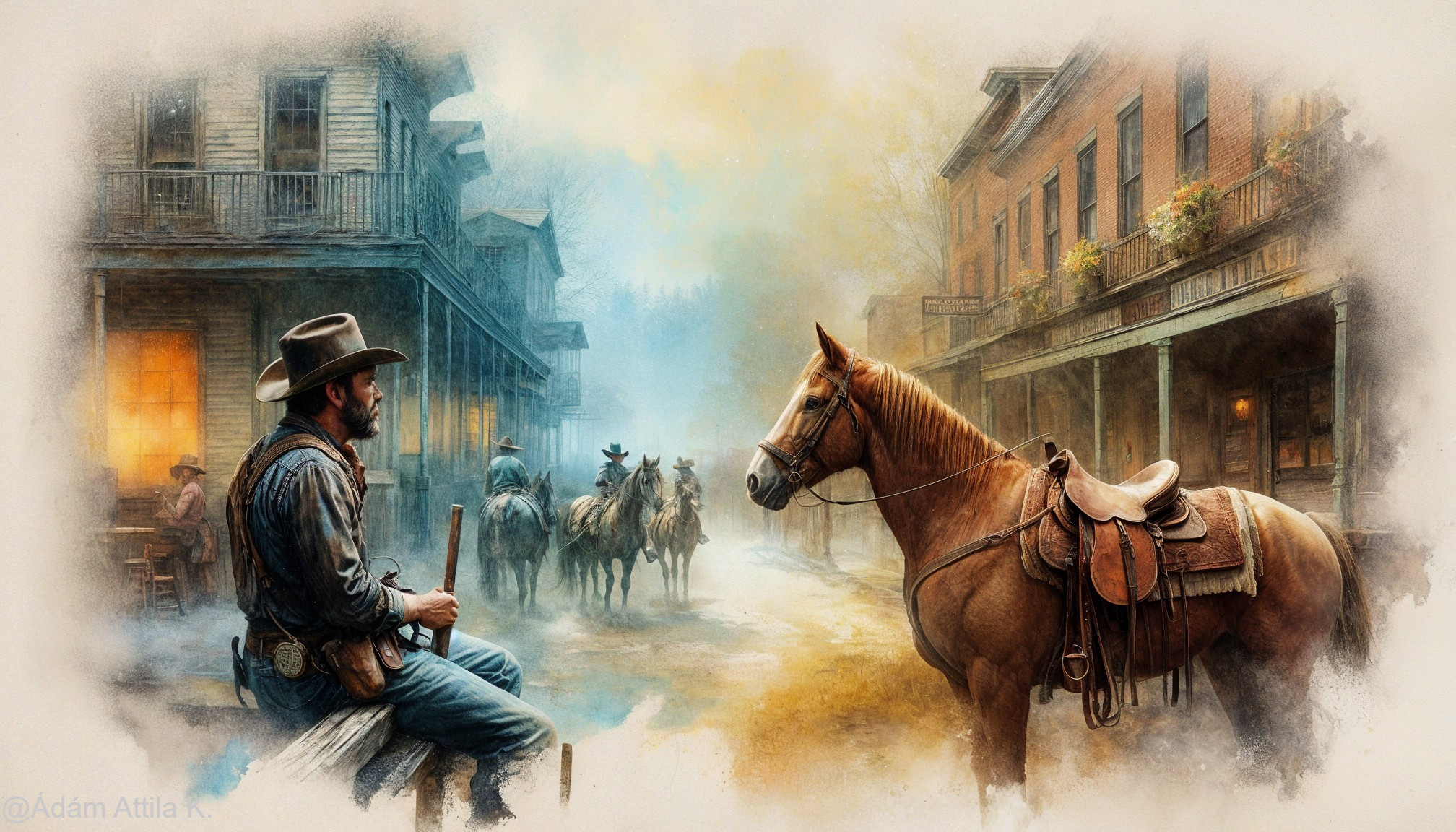 Rugged Cowboy in Hazy Old Western Town Scene
