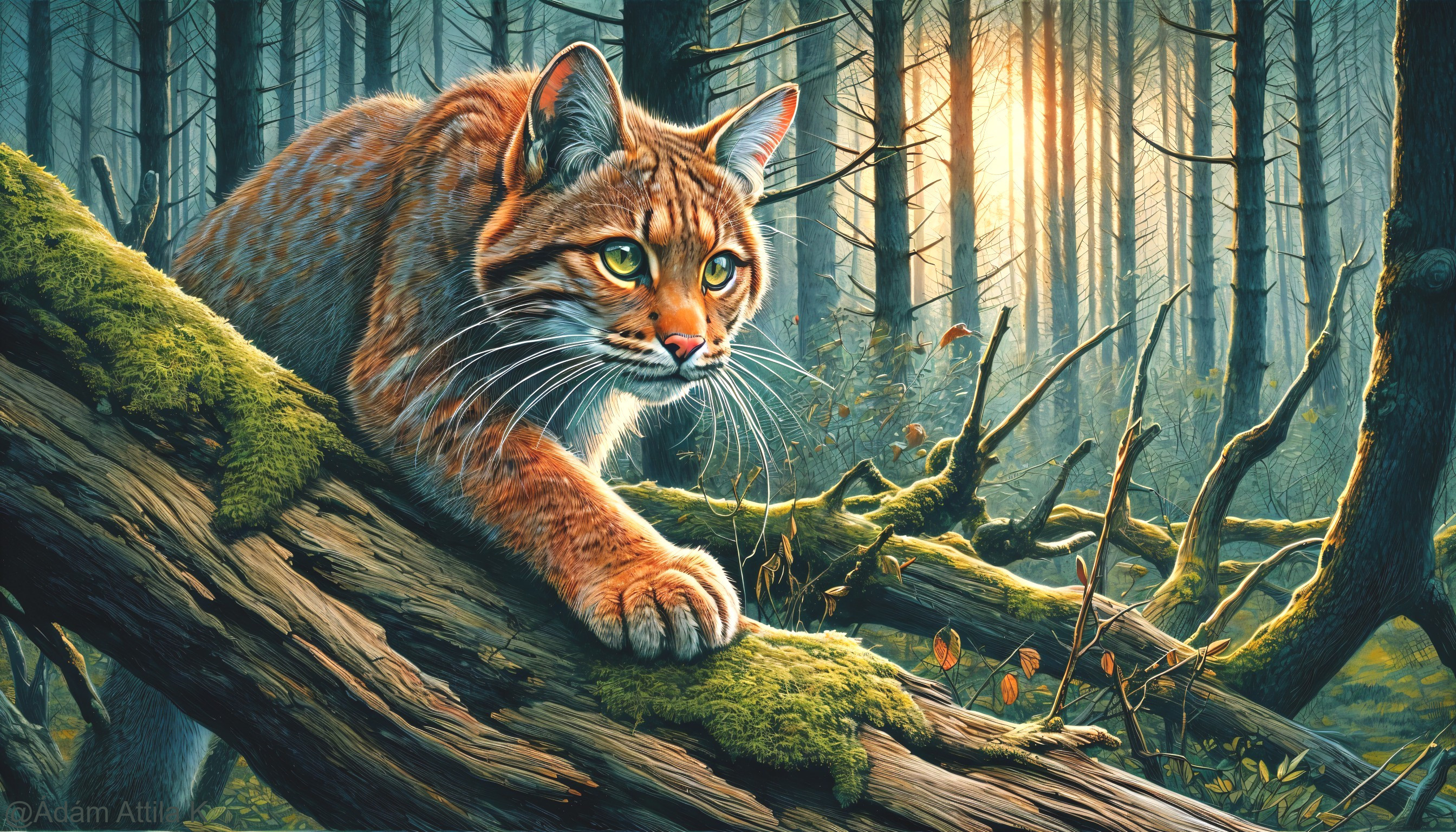 Bobcat on Moss-Covered Log in Serene Forest Setting