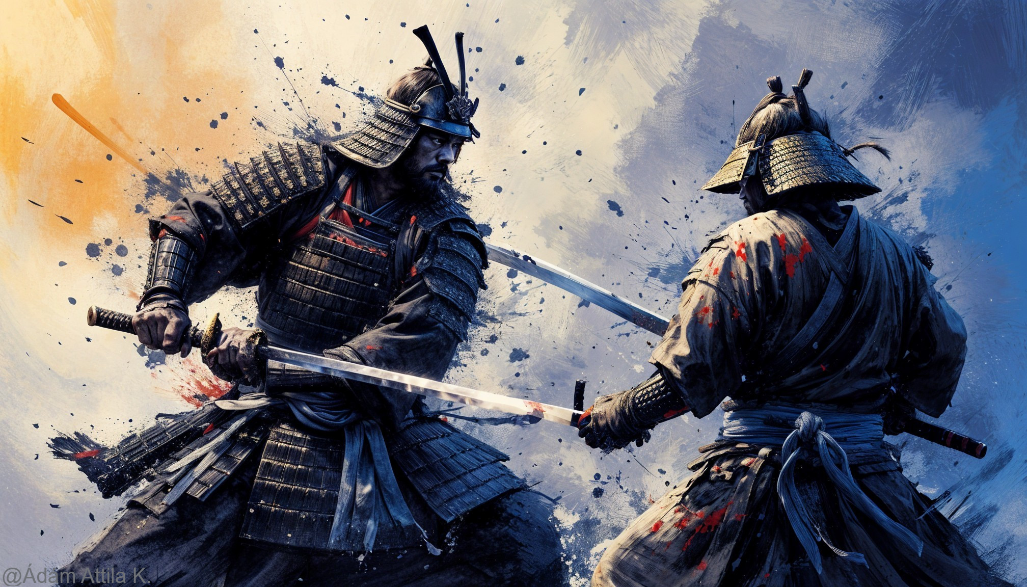 Armored Samurai Duel with Dynamic Colorful Backdrop