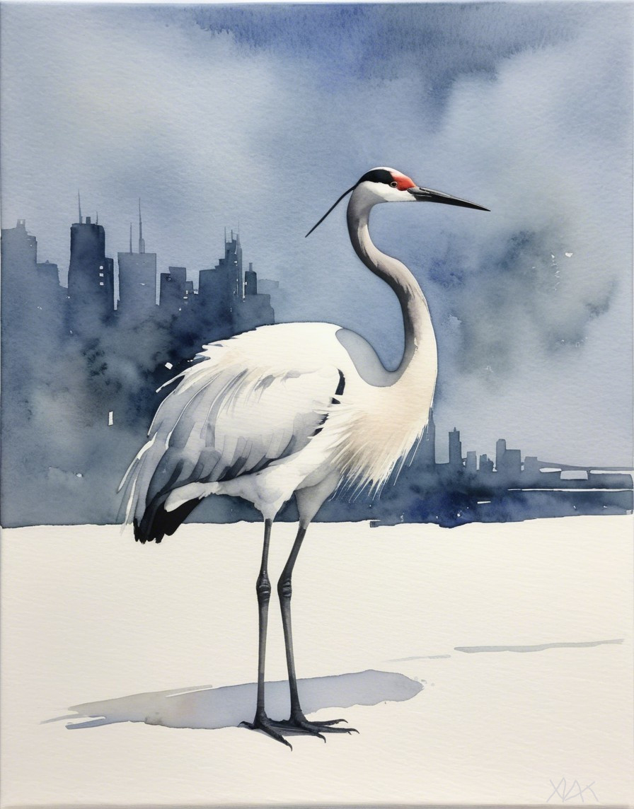 Elegant Crane on Snowy Surface with City Skyline
