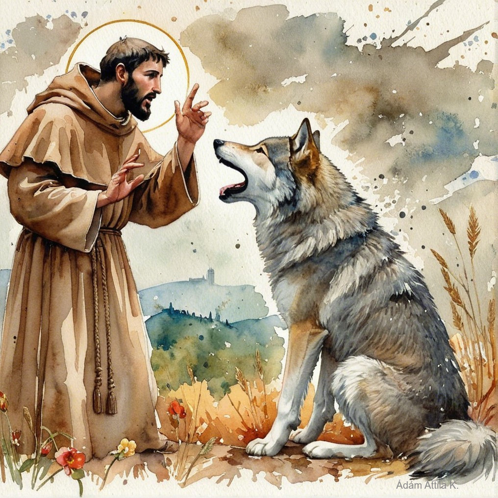 Cloaked Man and Wolf in Serene Natural Setting
