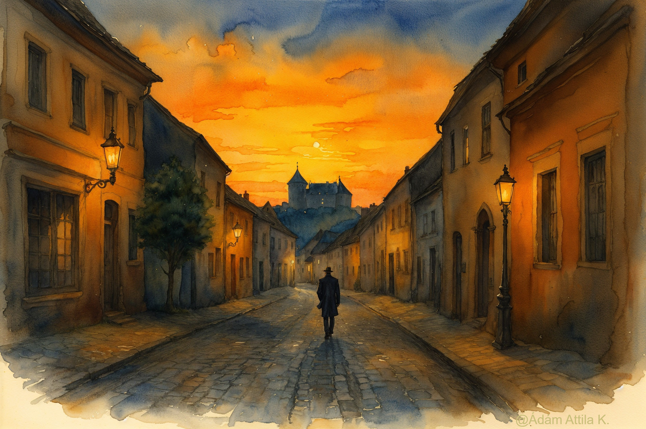 Serene street scene with sunset and solitary figure