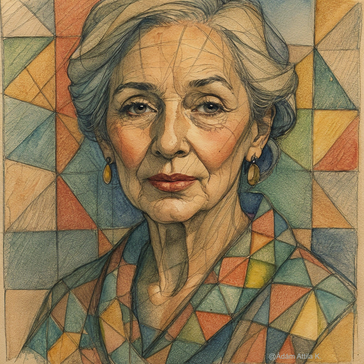 Mature Woman with Gray Hair Against Geometric Background