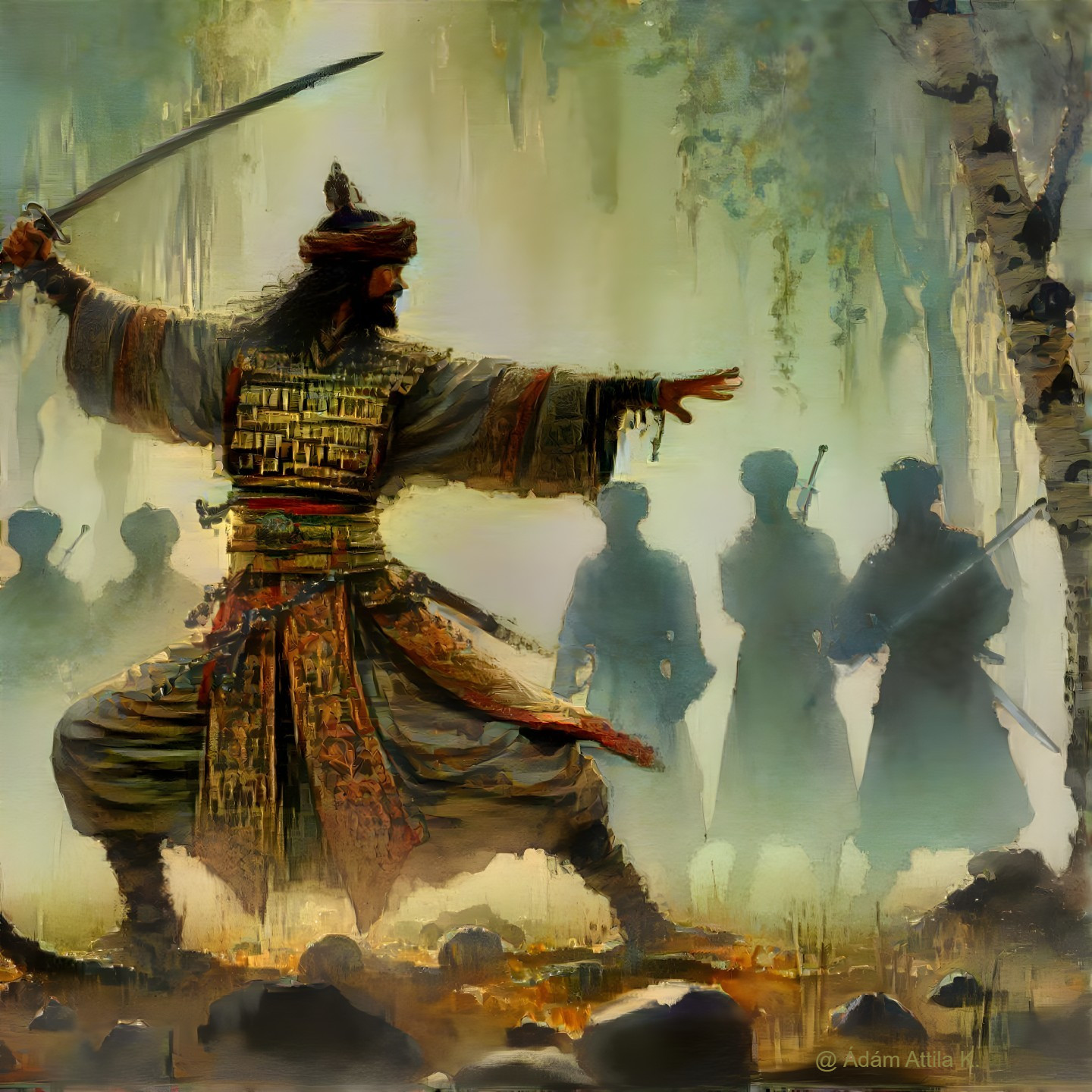 Warrior in Ornate Armor Wielding Sword in Forest