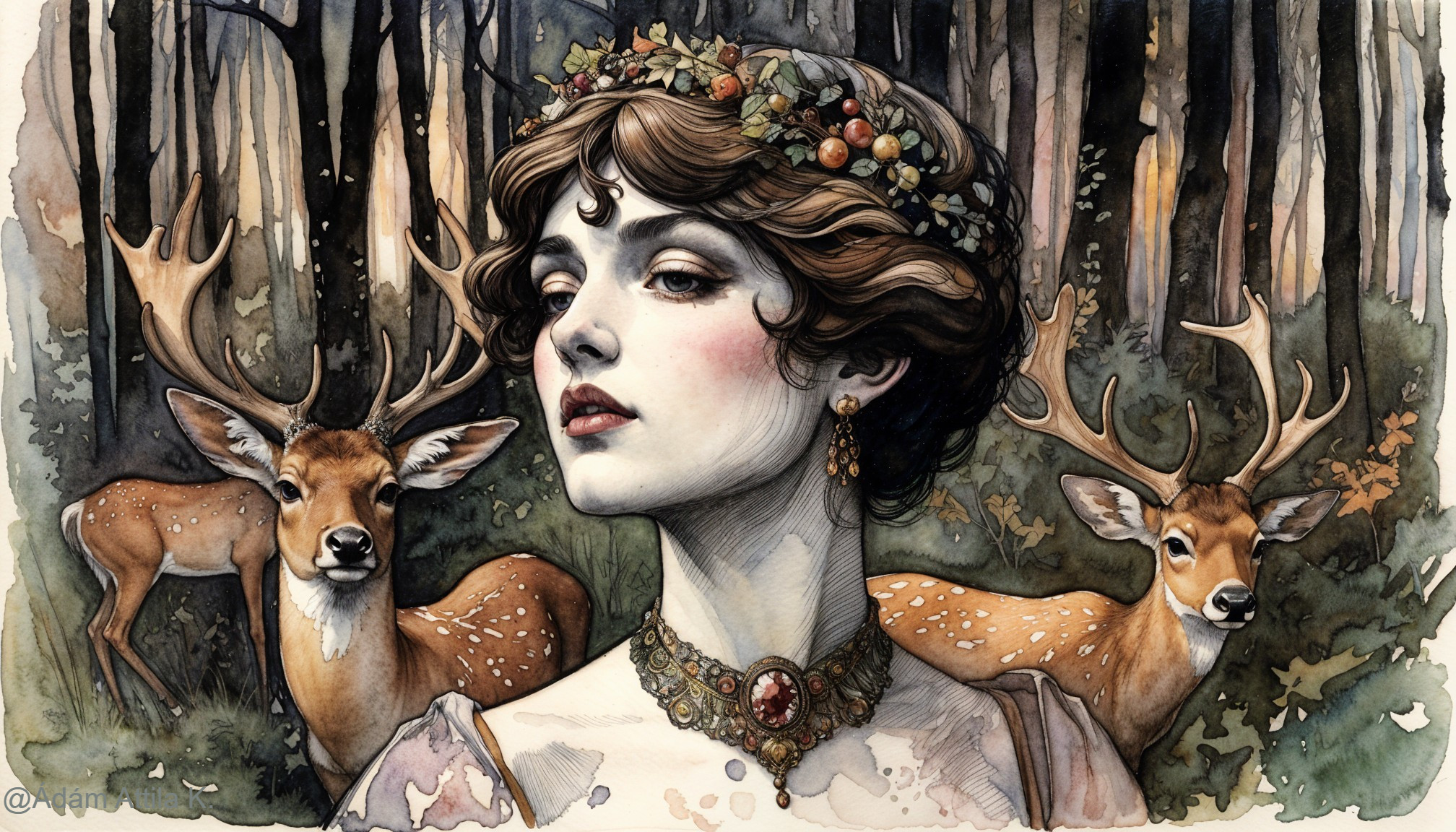 Mystical Portrait of Woman in Woodland with Deer
