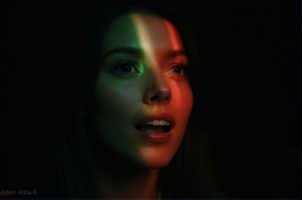 Young woman in dramatic red and green lighting