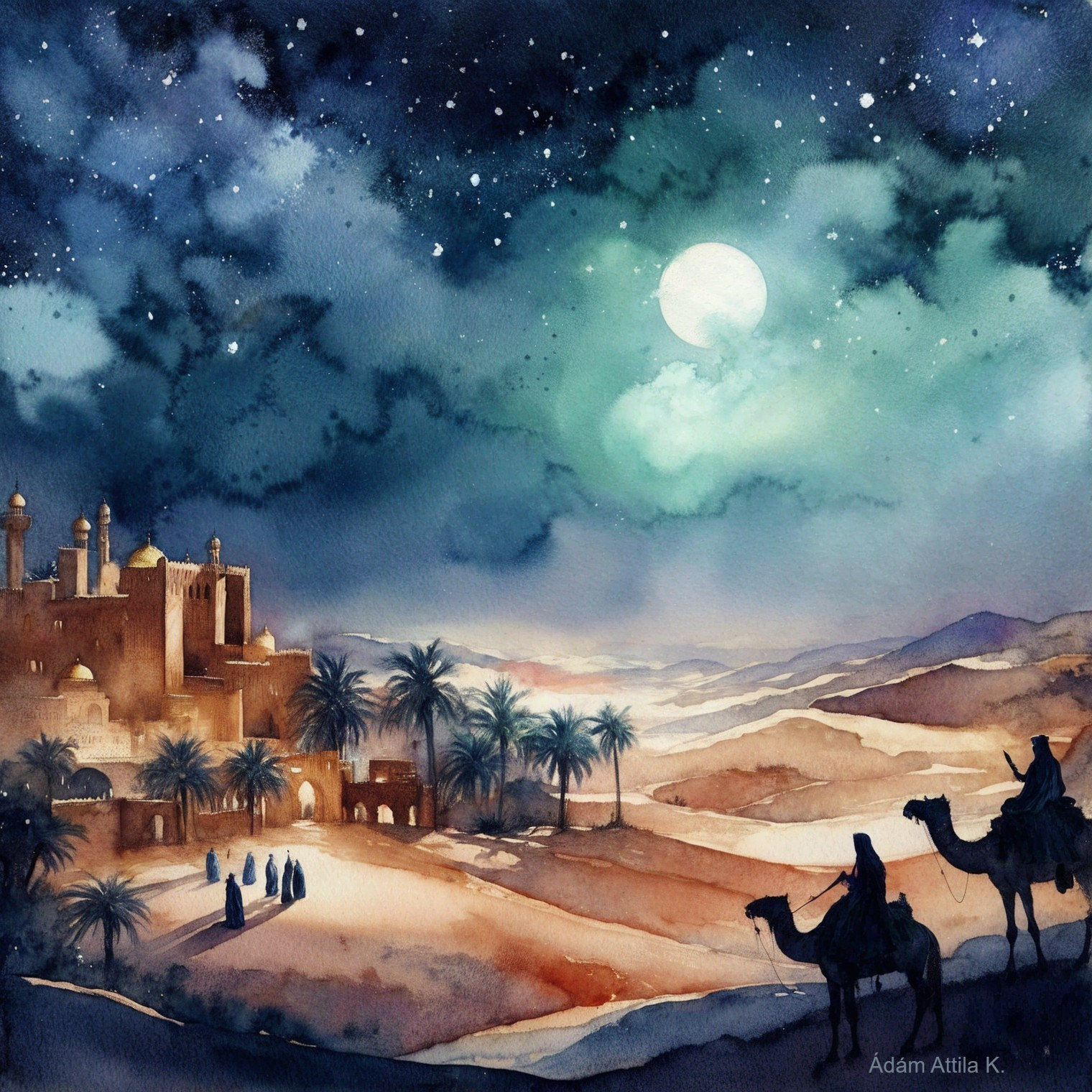 Desert Landscape with Camels and Ancient City Silhouette