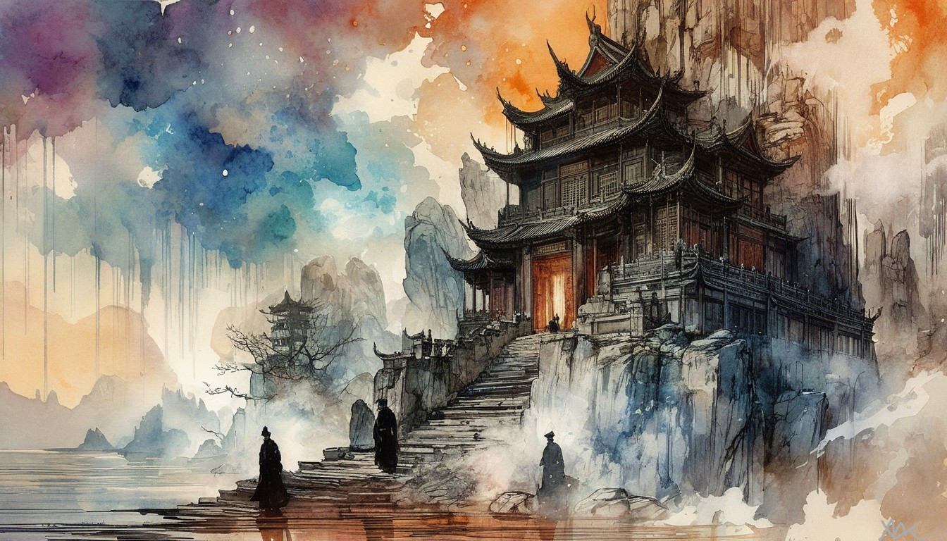 Majestic Oriental Temple in Watercolor Landscape