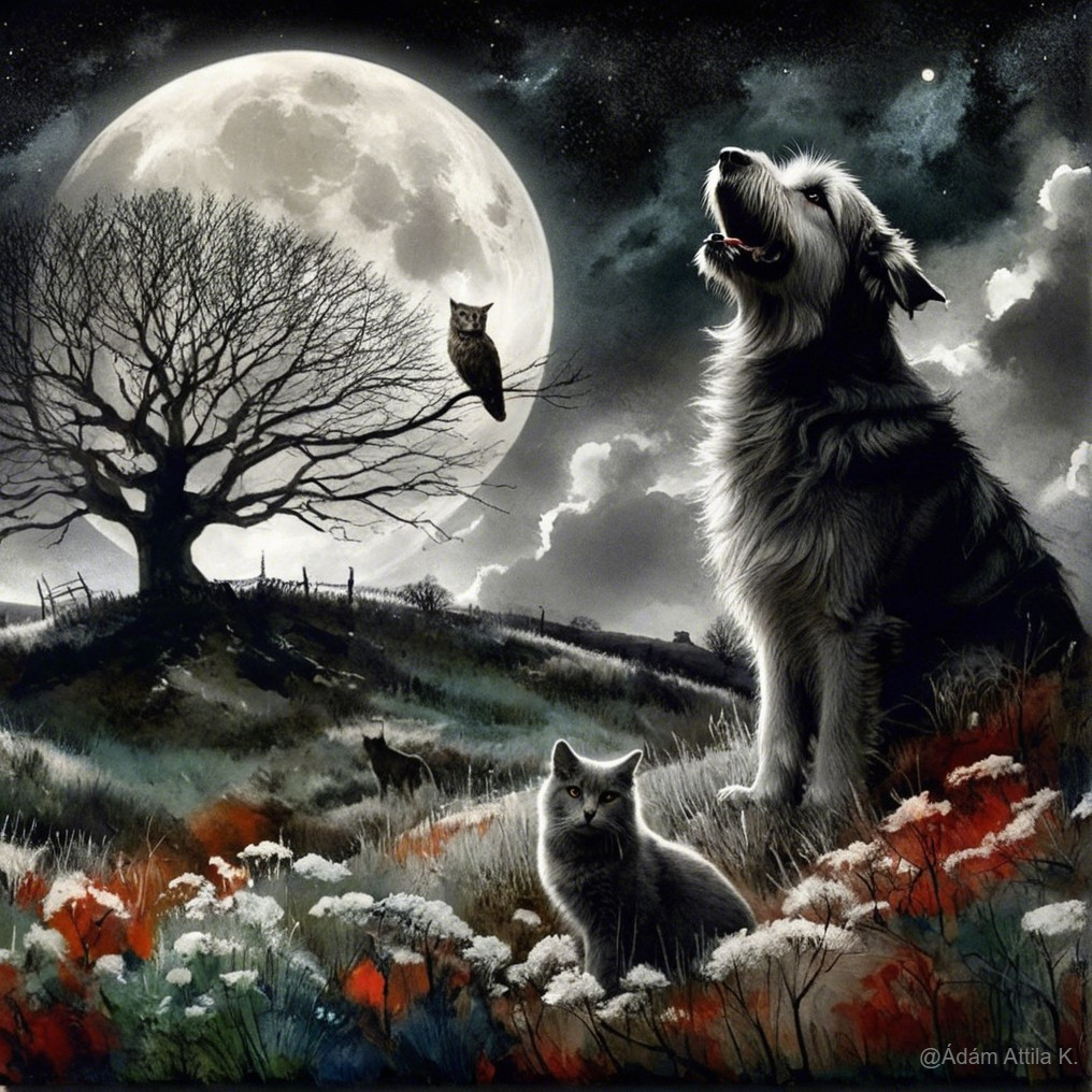 Moonlit Night with Dog, Cat, Owl, and Wolves