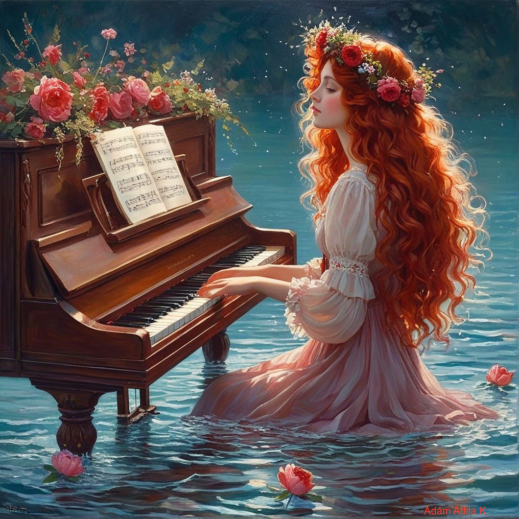Young woman with red hair playing piano by water