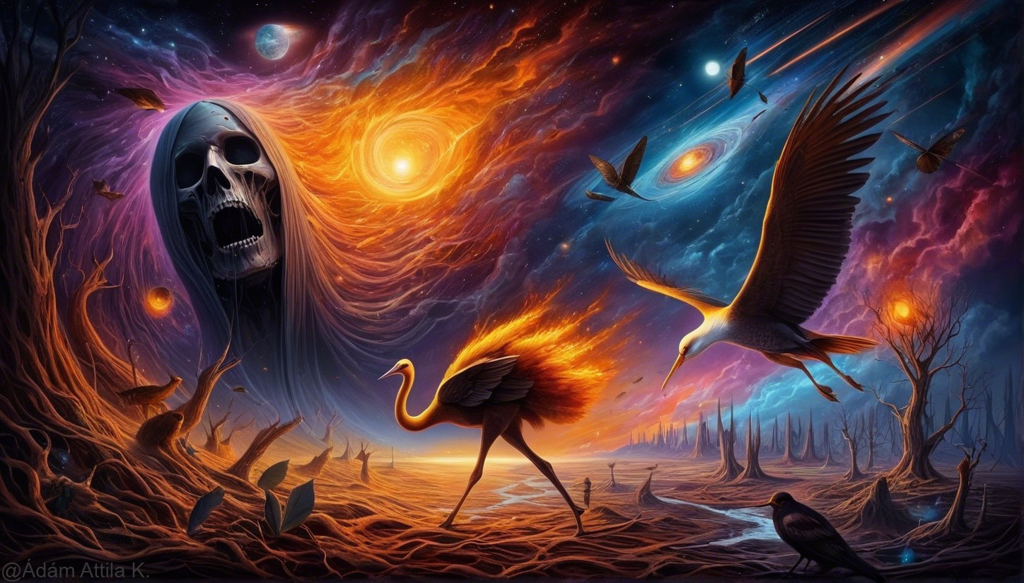 Surreal Cosmic Landscape with Skull and Fiery Ostrich