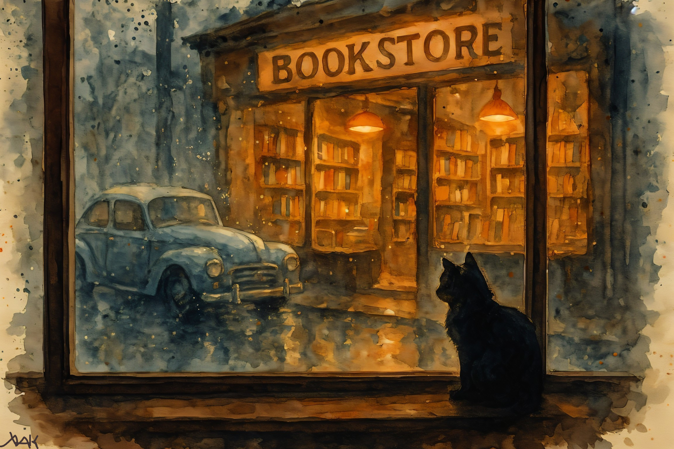 Cozy Bookstore Scene with Cat and Vintage Car in Rain