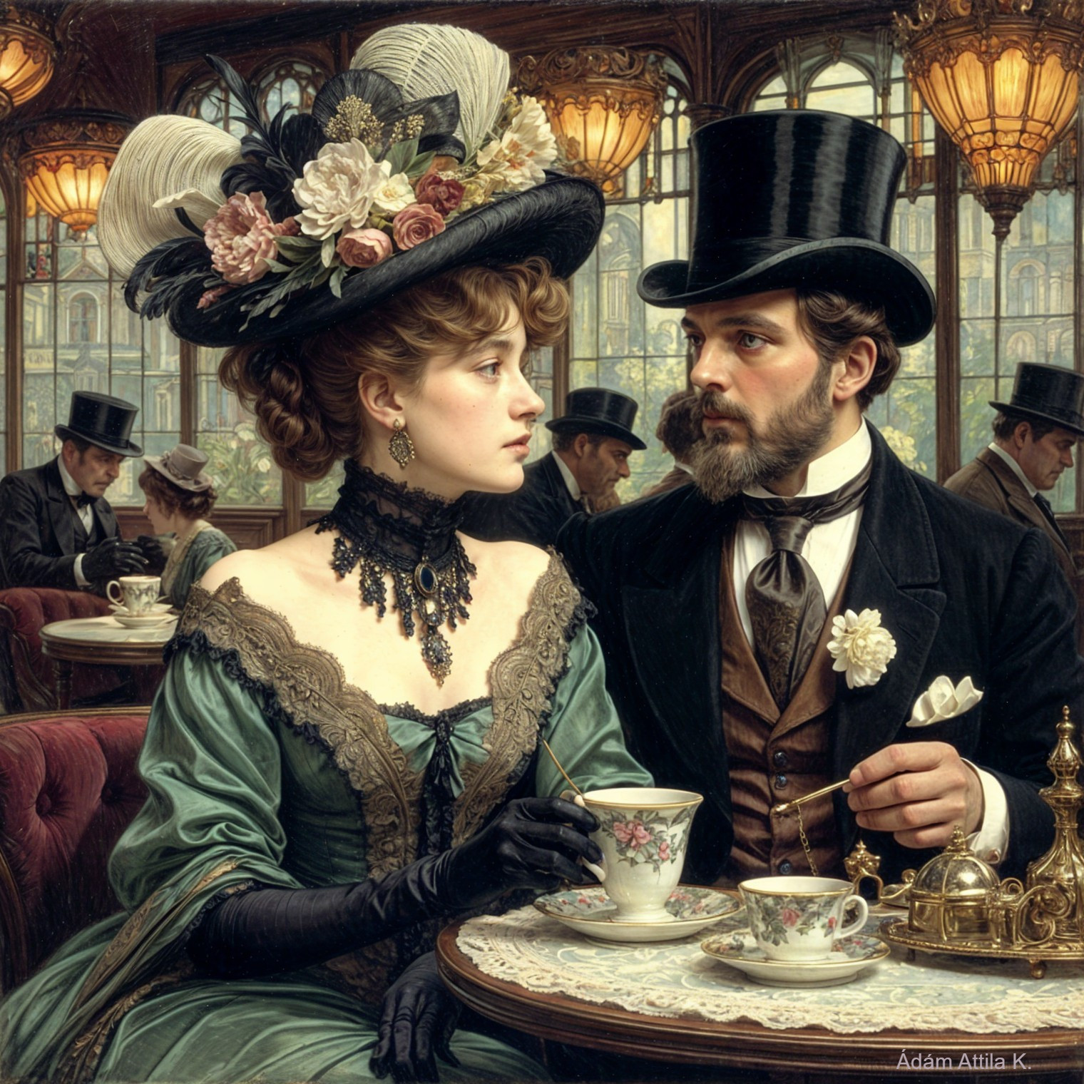 Vintage Café Scene with Elegant Attire and Conversation