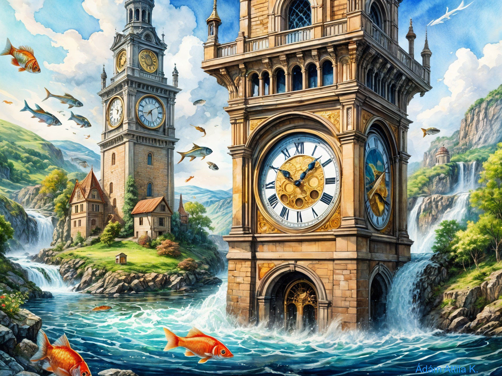 Grand Clock Tower in Enchanting Landscape Scene