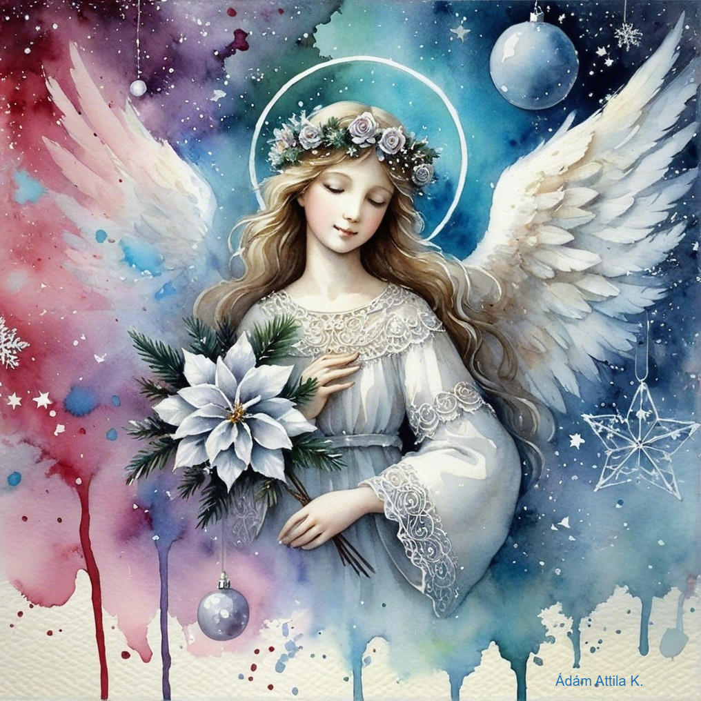 Serene angel with floral crown in cosmic background