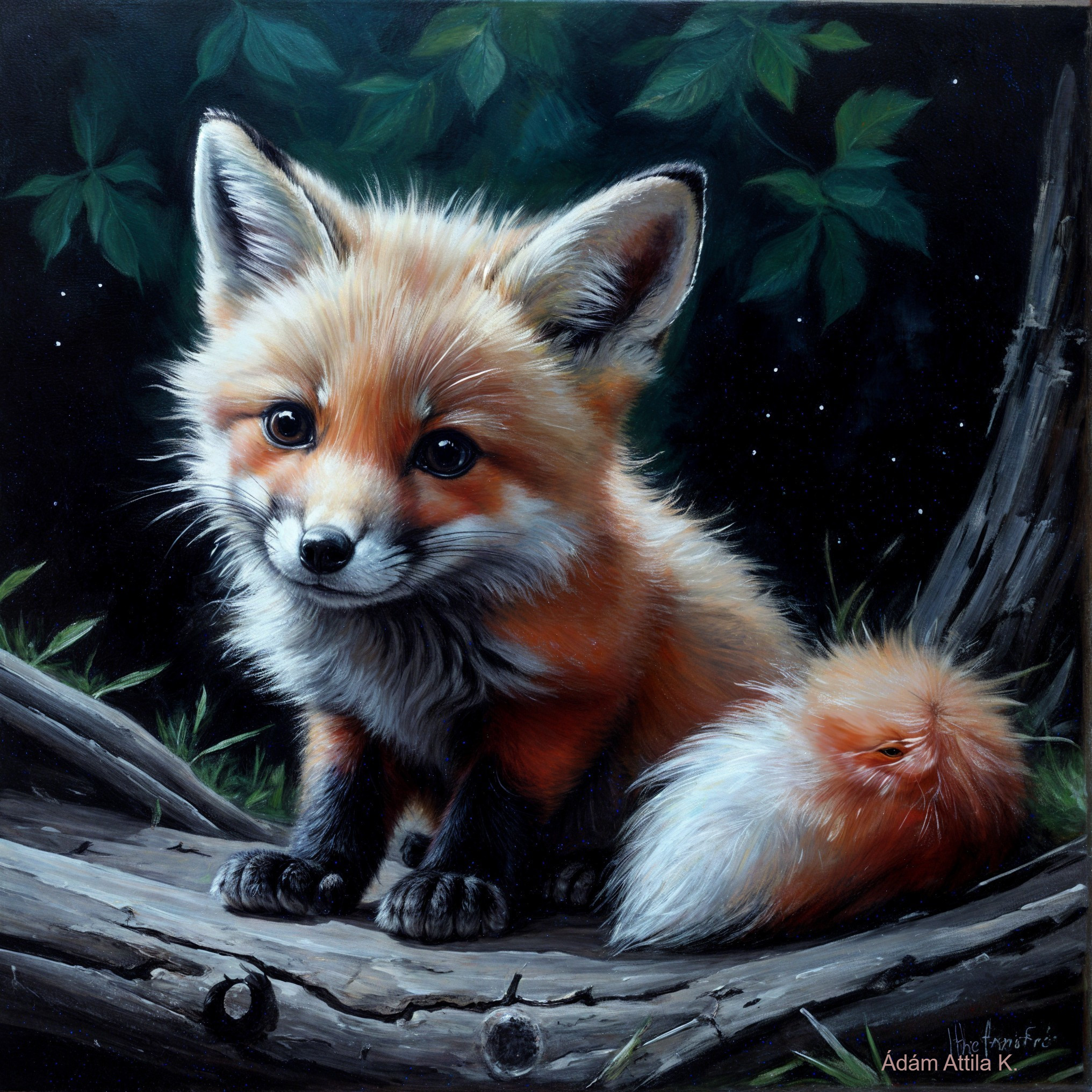 Charming Young Fox on Fallen Log in Lush Foliage