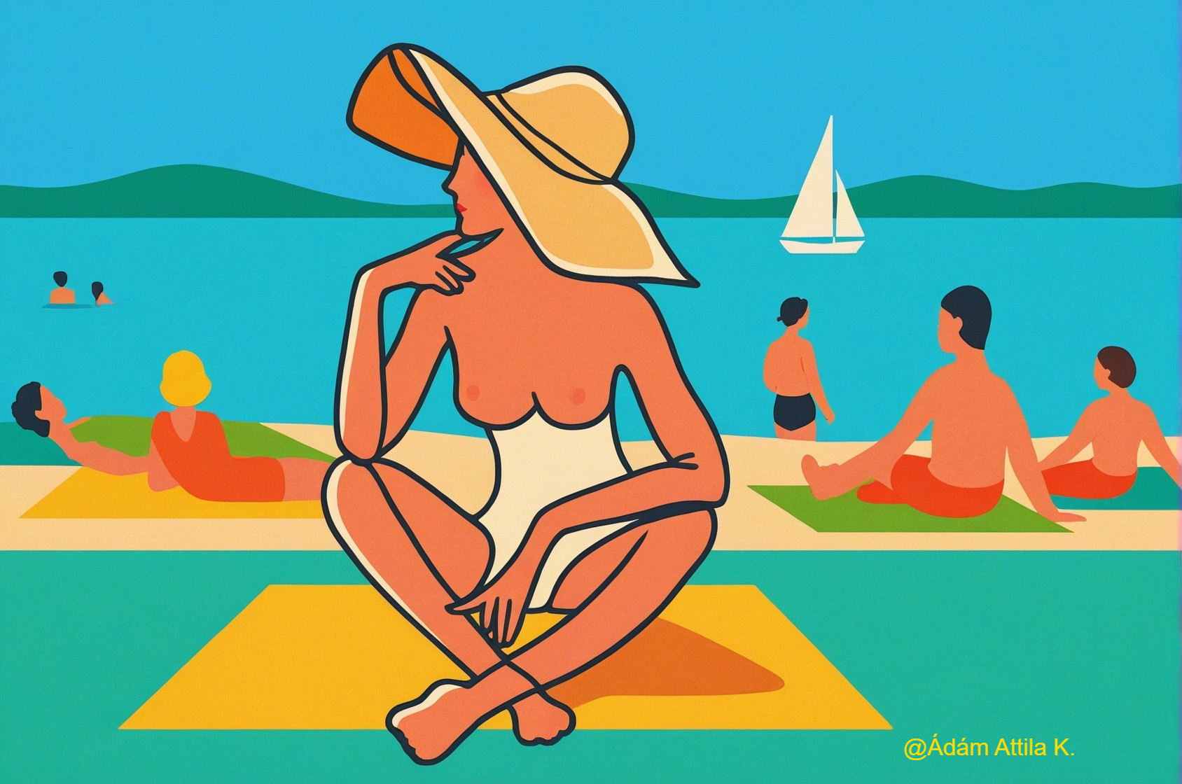 Vibrant Beach Illustration with Woman and Sailboat